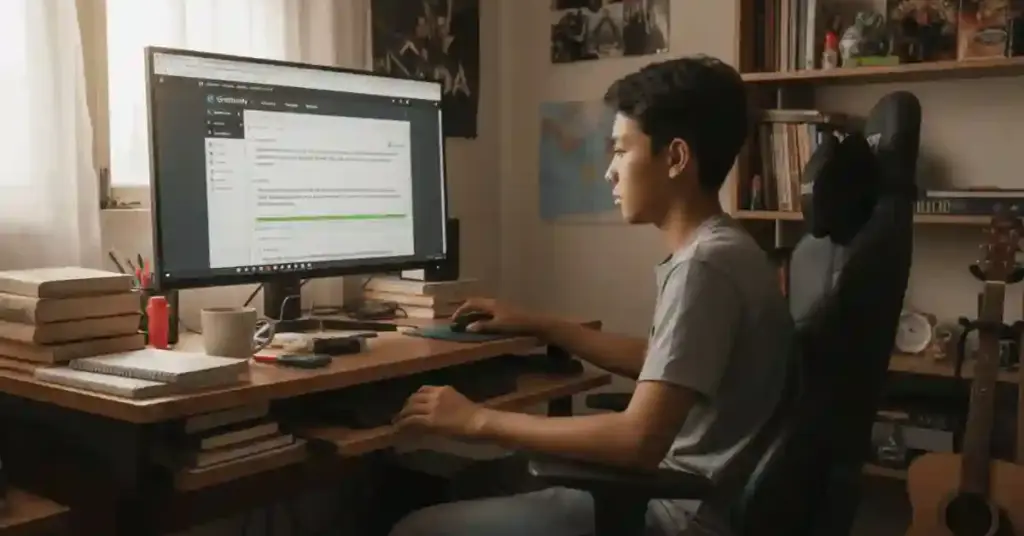 seorang siswa sedang menggunakan grammarly untuk Grammar Check Gratis Terbaik